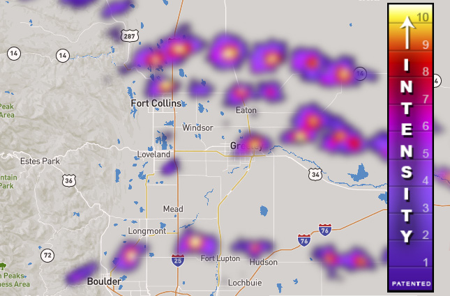 Our premium AniSwath hail map shows you the intensity and duration of hail